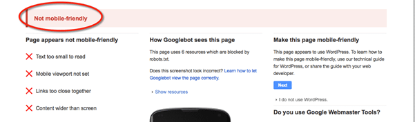 Screenshot from Google mobile-friendly site tester showing fail
