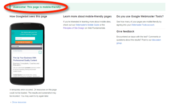 Screenshot from Google mobile-friendly site tester showing pass